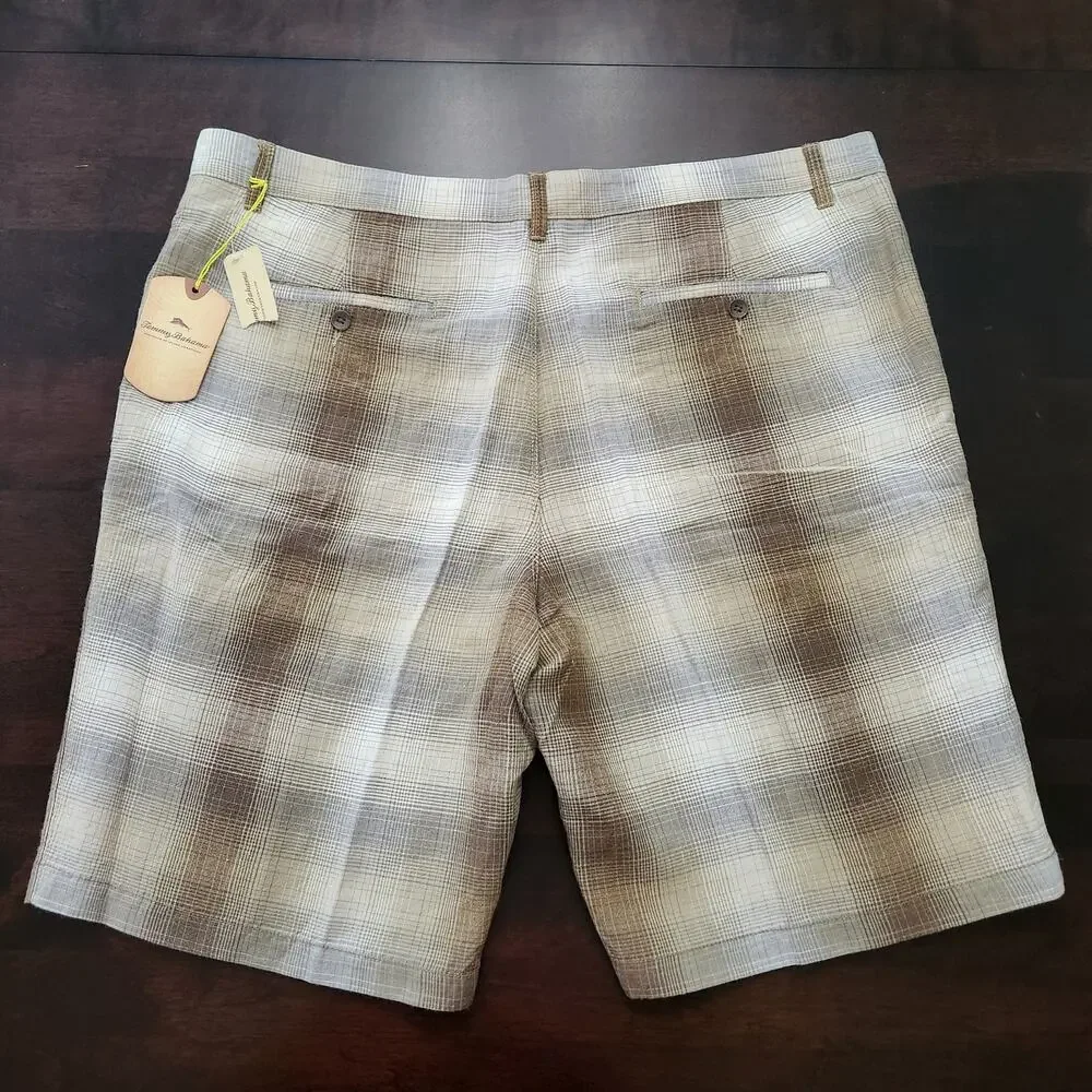 NWT Tommy Bahama Balken Plaid Brown Shorts Linen Silk Blend Size 42